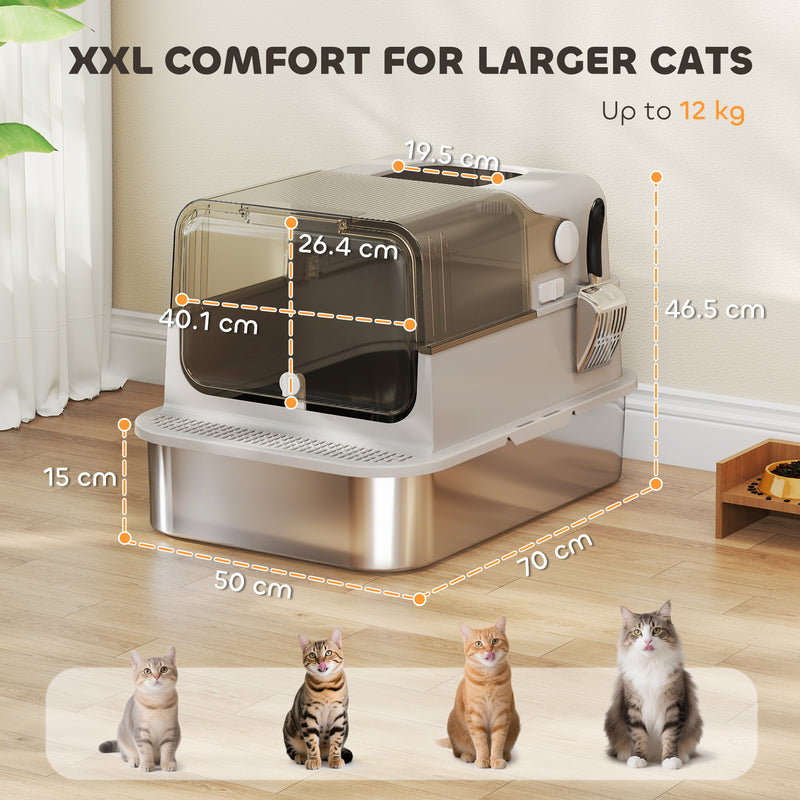 XXL Stainless Steel Covered Cat Litter Box With Flip Cover And Scoop Easy To Clean, Controls Odours, Grey