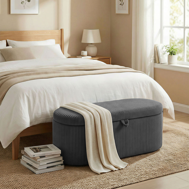 Storage Ottoman with Hidden Compartment and Padded Seat for Living Room or Bedroom Dark Grey Corduroy Homcom