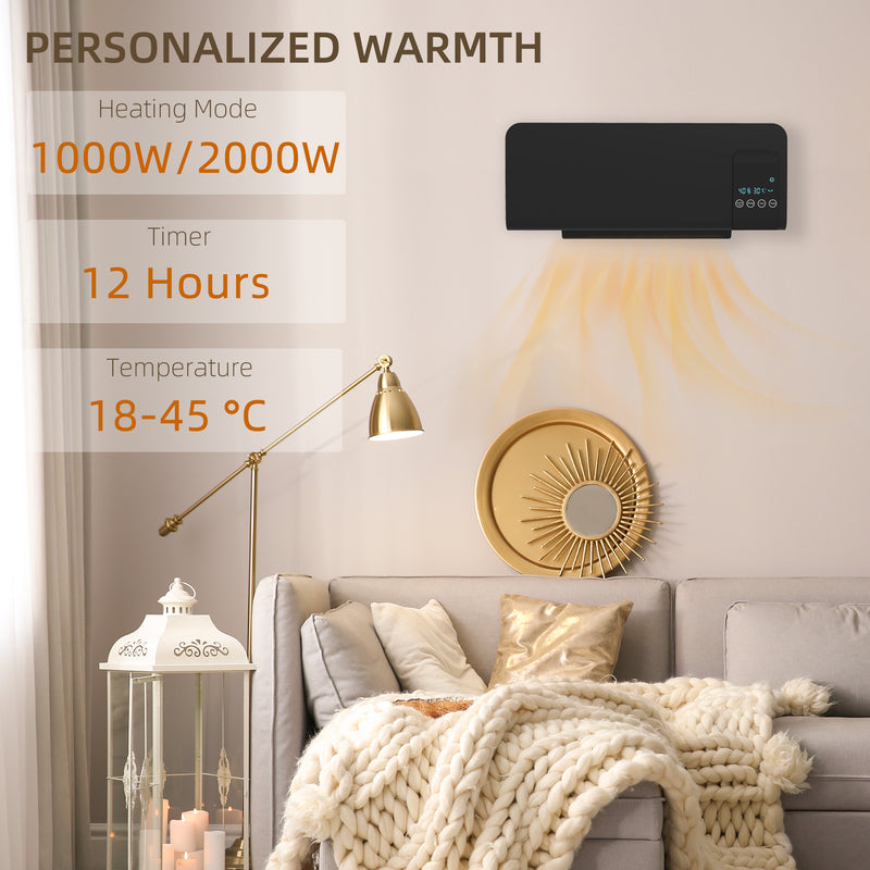 Wall Mounted Electric Heater 2kW with Adjustable Thermostat for Home or Office Use Black