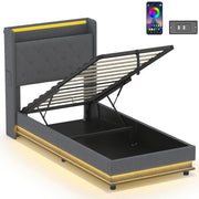 Single ottoman bed frame with the base lifted on gas struts, studio shot