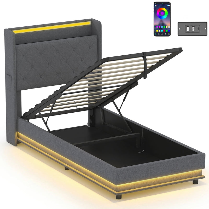 Single ottoman bed frame with the base lifted on gas struts, studio shot