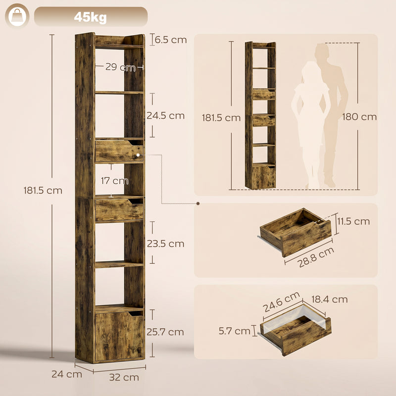 Slim Bookcase with Shelves Drawers and Cabinet for Small Spaces Rustic Brown