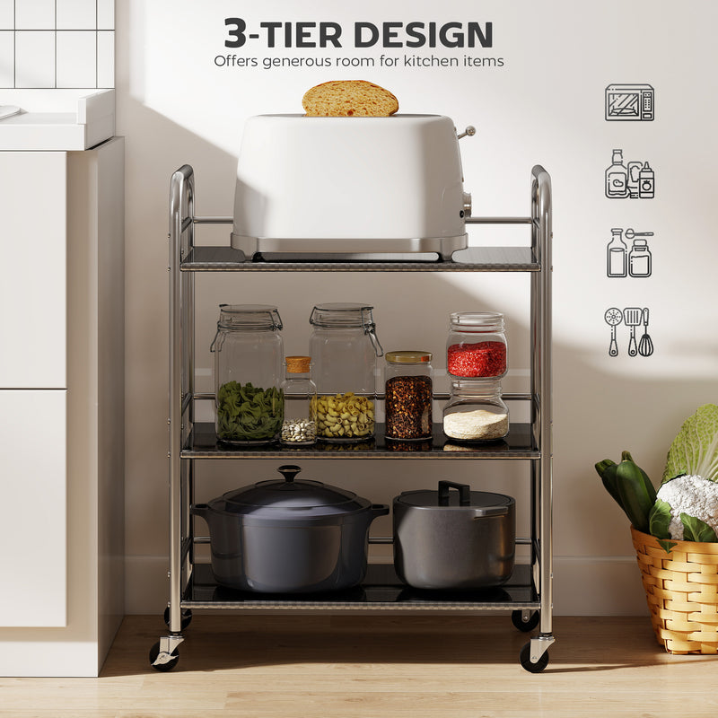 3 Tier Stainless Steel Kitchen Trolley With Adjustable Shelves For Storage, Silver