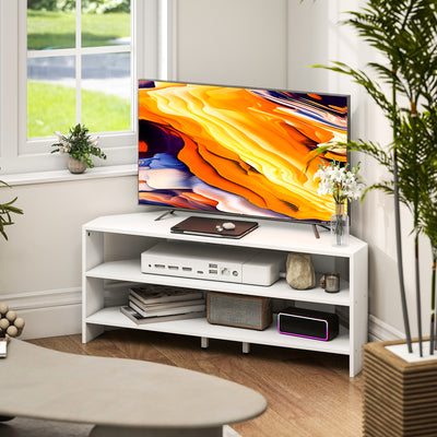 White Corner TV Stand for 47 Inch TV with 2 Open Shelves Ideal for Small Spaces