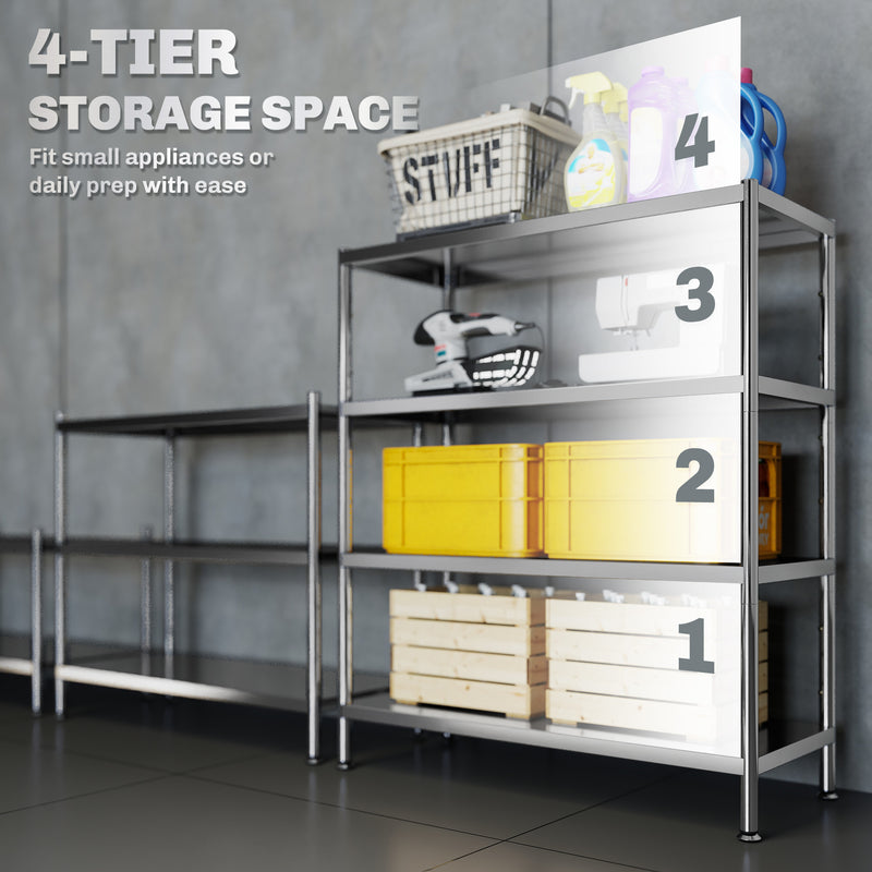 4 Tier Kitchen Storage Rack with Adjustable Shelves for Small Spaces, Silver Tone