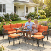 Modular Garden Sofa Set with Table and Stools for Flexible Outdoor Seating, Charcoal Grey With Orange Cushions Outsunny