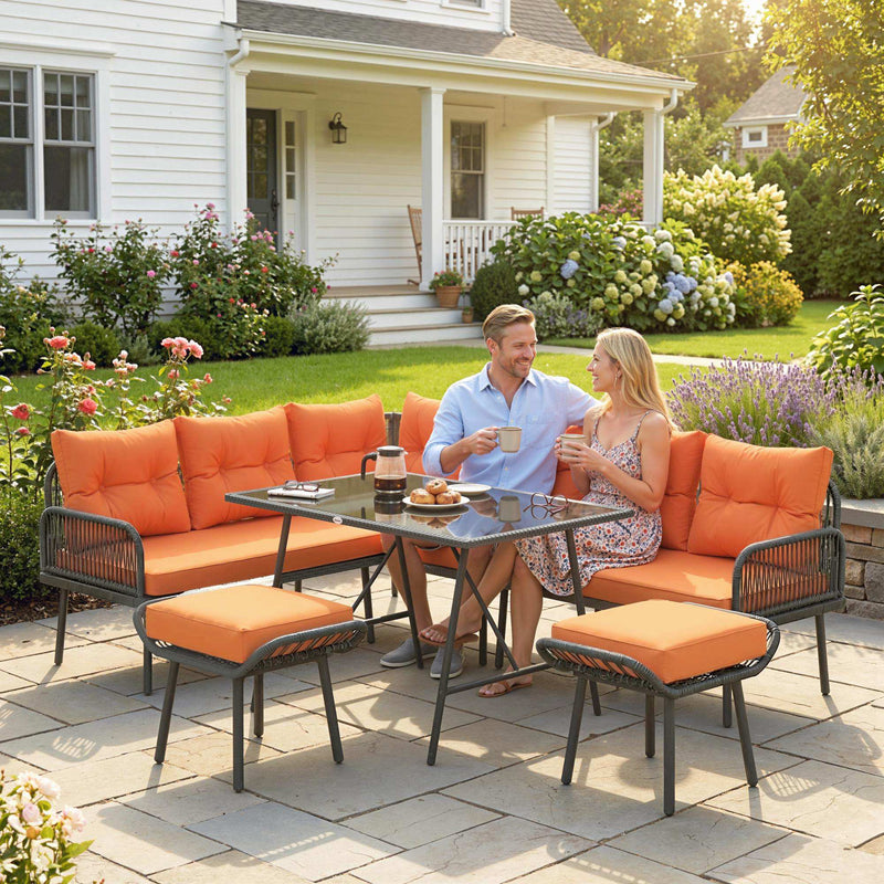 Modular Garden Sofa Set with Table and Stools for Flexible Outdoor Seating, Charcoal Grey With Orange Cushions Outsunny