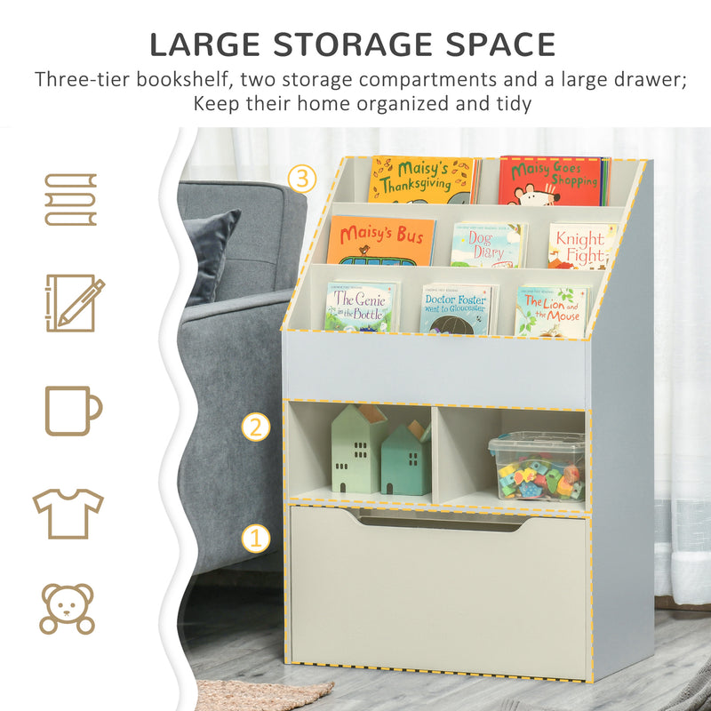Kids Bookshelf and Toy Organiser with Storage Drawer and Wheels for Playroom, Grey