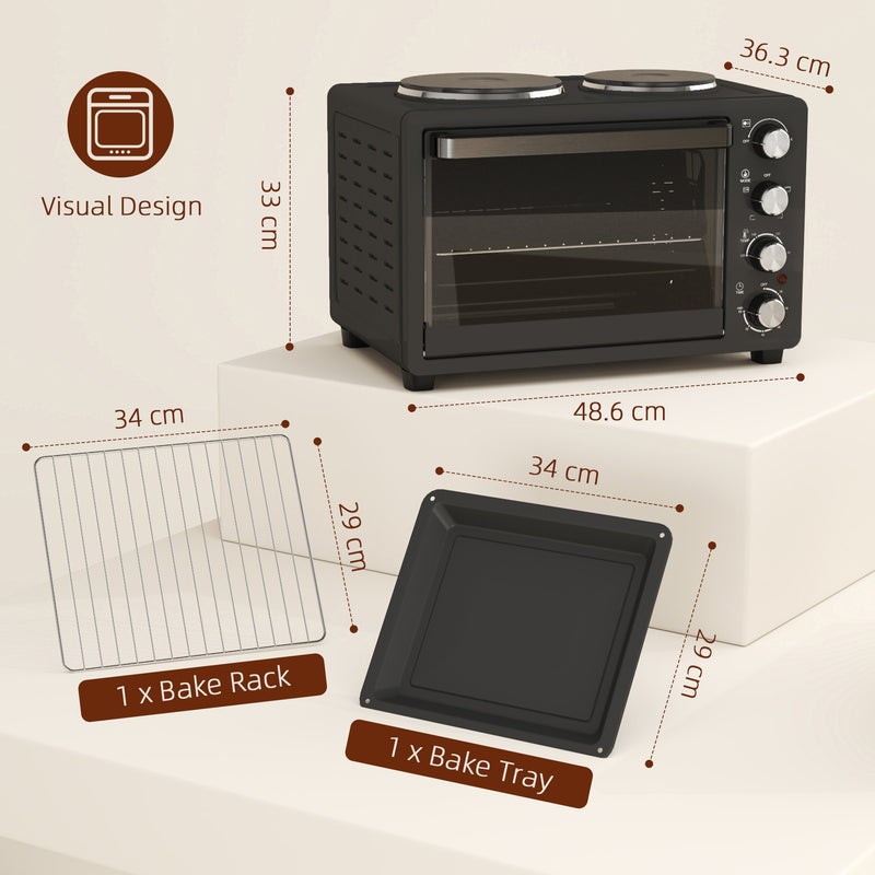 Black 28L Mini Oven with Hot Plates Grill Bake Roast Boil 2600W by HOMCOM
