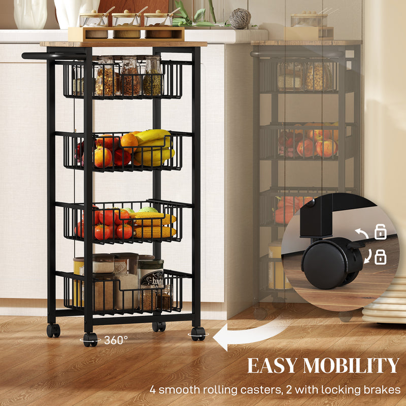 Kitchen Storage Trolley with 4 Mesh Baskets and Wood Effect Top for Extra Worktop Space Oak Black