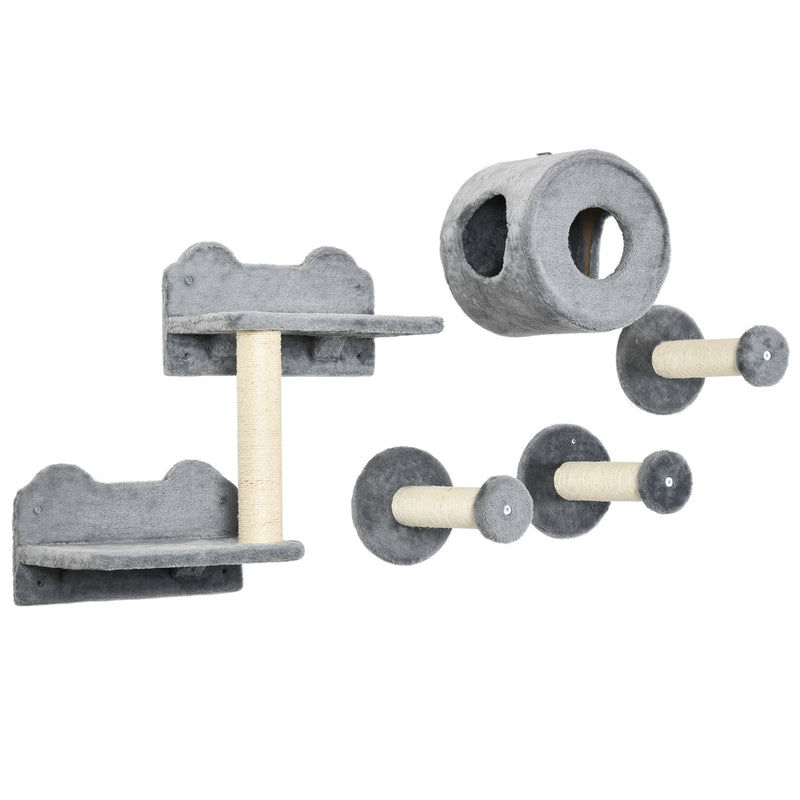 5 Piece Wall Mounted Cat Furniture Set With Perch and Scratching Post Grey AOSOM