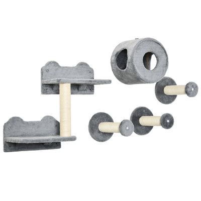 5 Piece Wall Mounted Cat Furniture Set With Perch and Scratching Post Grey AOSOM