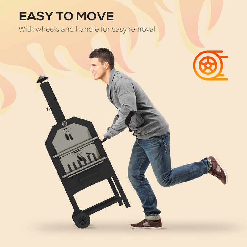 Black Steel 3 Tier Outdoor Pizza Oven and Charcoal BBQ Grill for Garden Entertaining