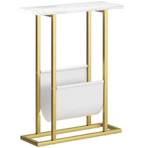 Narrow Side Table with Magazine Rack Ideal for Small Rooms and Bedrooms White Marble Grain