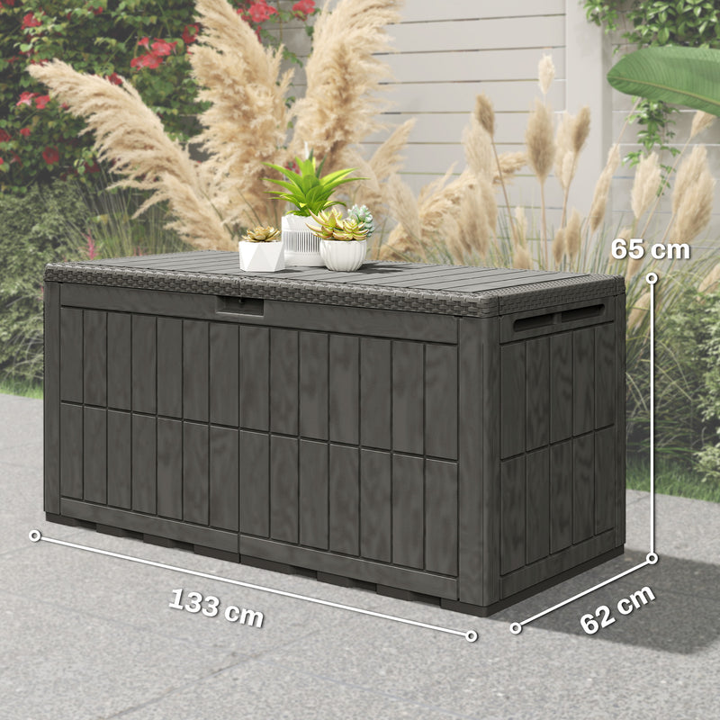 440L Waterproof Plastic Garden Storage Box With Bench Seat For Garden Tools & Cushions Wood Effect Coffee
