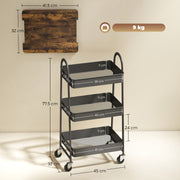 3 Tier Rolling Kitchen Storage Trolley With Top Board For Easy Organisation, Rustic Brown and Black