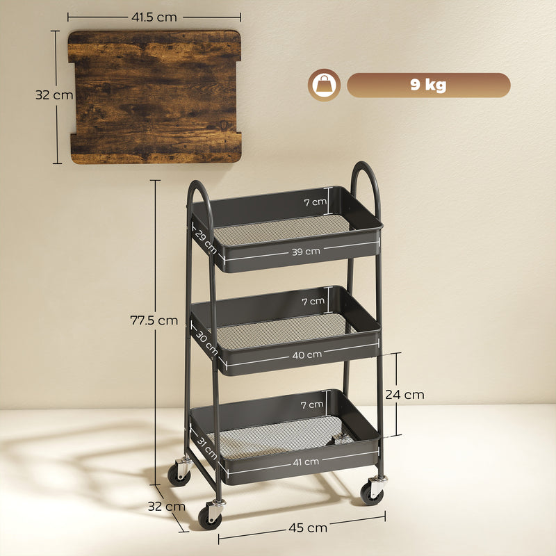 3 Tier Rolling Kitchen Storage Trolley With Top Board For Easy Organisation, Rustic Brown and Black