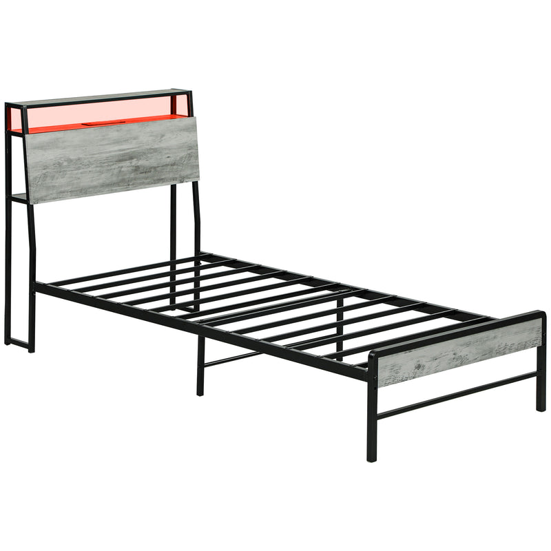 Grey Single Steel Bed Frame with LED Lights and Headboard Shelf by HOMCOM