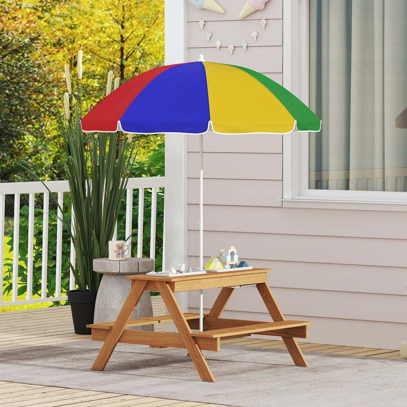 Kids Picnic Table with Sand and Water Play, Wooden Benches and Adjustable Parasol by AIYAPLAY