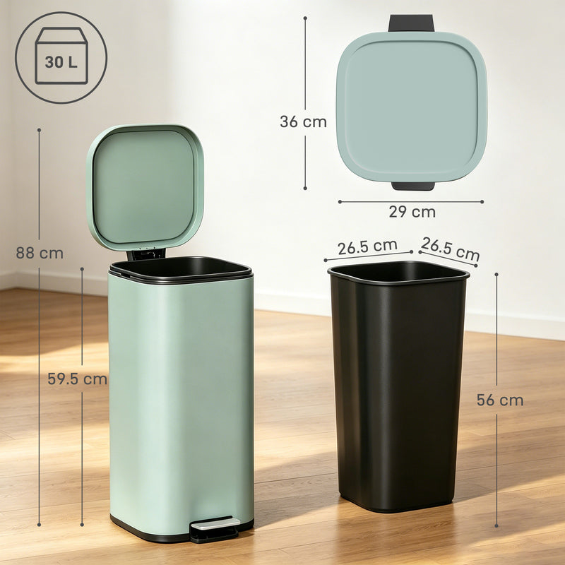 Kitchen Bin 30L Metal with Foot Pedal and Removable Inner Bucket for Small Spaces Green