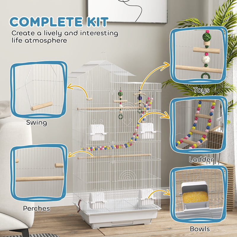 White Bird Cage for Budgies Finches Canaries with Accessories Toys and Tray by PawHut