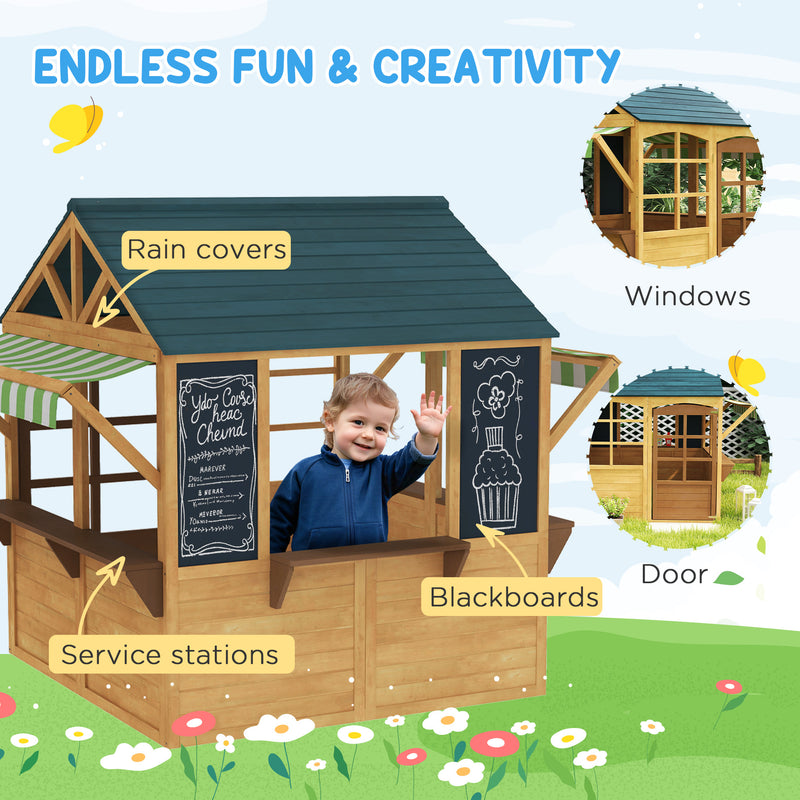 Wooden Foldable Kids Playhouse with Windows Working Door and Rain Covers in Brown