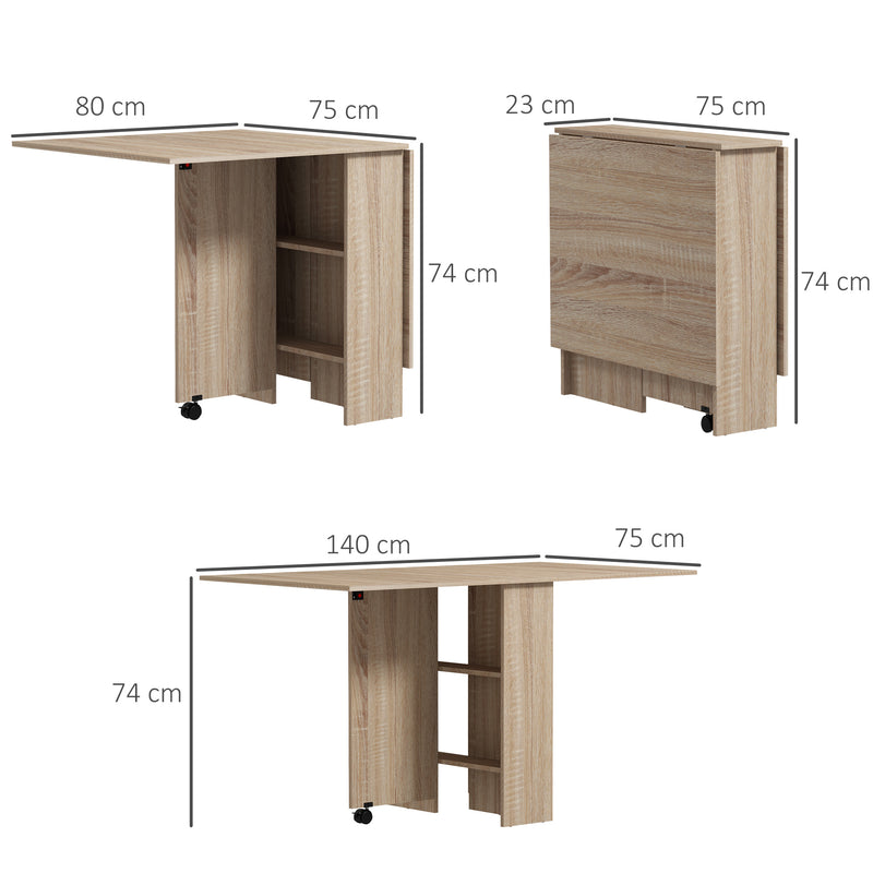 Folding Drop Leaf Dining Table with Storage Shelves and Wheels for Small Spaces Natural