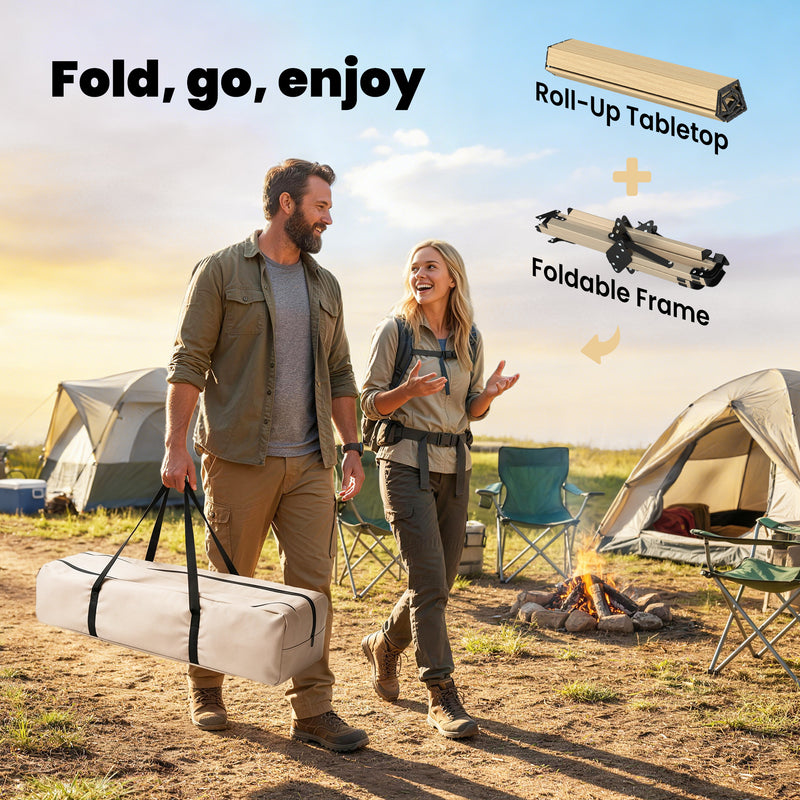 Folding Camping Table with Roll Up Top for Stable Outdoor Meals Dark Brown