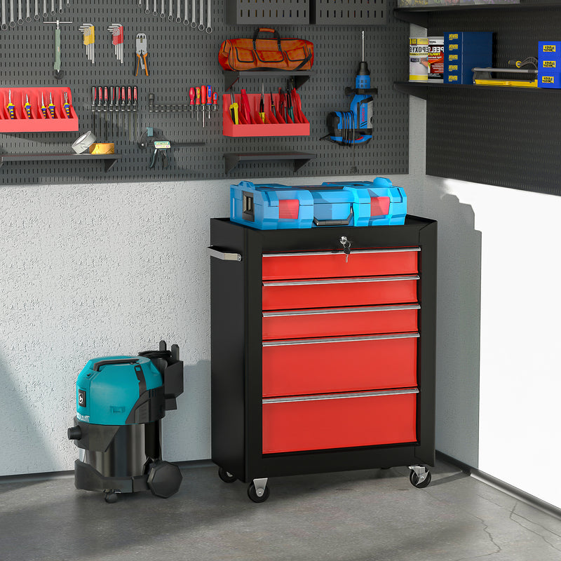 5 Drawer Lockable Steel Tool Chest With Wheels For Garage Or Workshop Use Red
