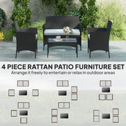 4pc Rattan Garden Furniture Conversation Set with Cushions and Tempered Glass Table for Outdoor Relaxing Outsunny