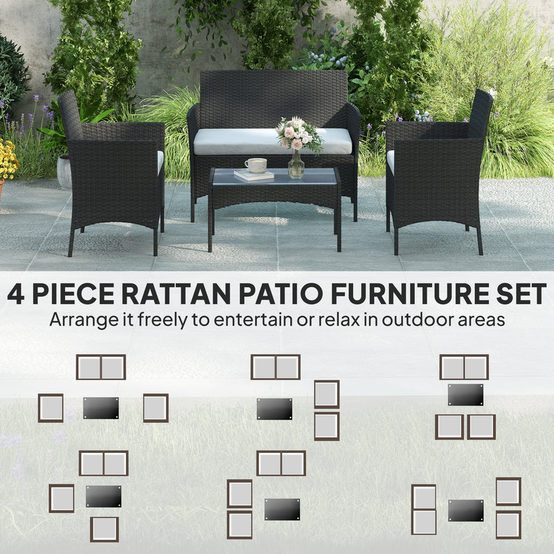 4pc Rattan Garden Furniture Conversation Set with Cushions and Tempered Glass Table for Outdoor Relaxing Outsunny
