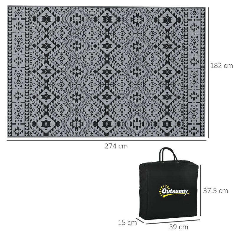 Reversible Black and Grey Outdoor Rug 182 x 274cm with Carry Bag for Garden or Camping