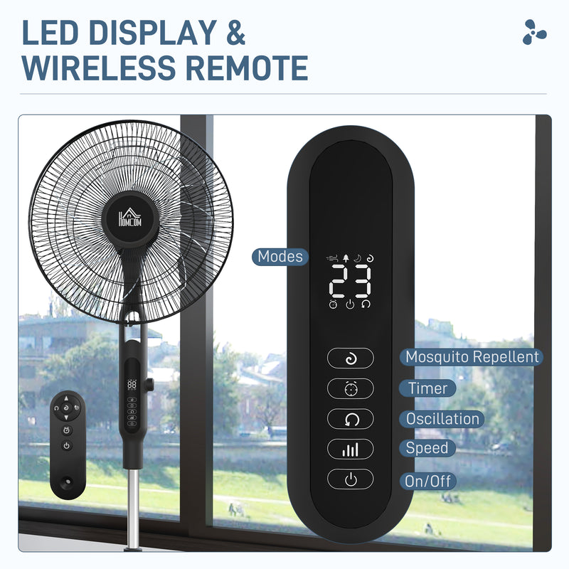 Pedestal Fan with Three Speeds Insect Repellent Box and LED Display for Home Use, Black