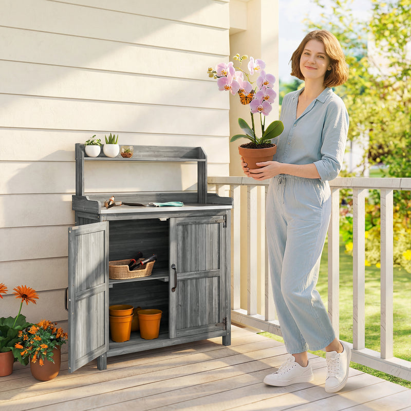 Grey Wooden Garden Potting Bench with Metal Worktop and Storage Cupboard for Outdoor Organisation