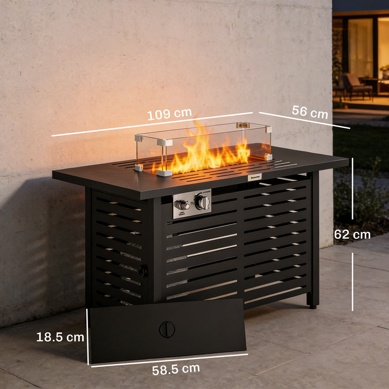 Outdoor Propane Fire Pit Table With Adjustable Heat and Tabletop for Garden or Patio 50,000 BTU - Black Outsunny