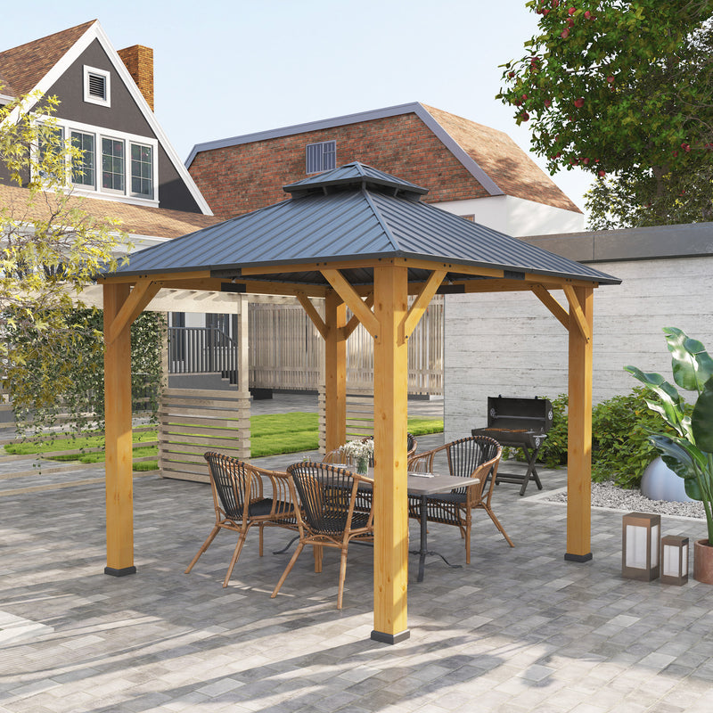 3x3M Hardtop Garden Gazebo with 2 Tier Steel Roof and Solid Wood Frame for Garden or Patio by Outsunny