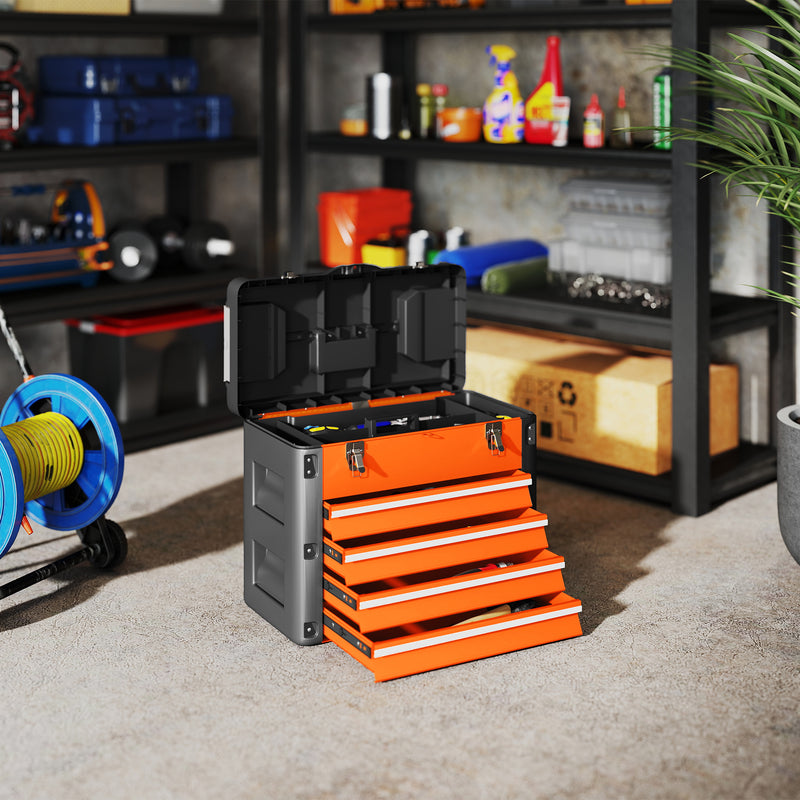 Large Orange Metal Toolbox With 4 Drawers For Organised Garage Or Workshop Storage AOSOM