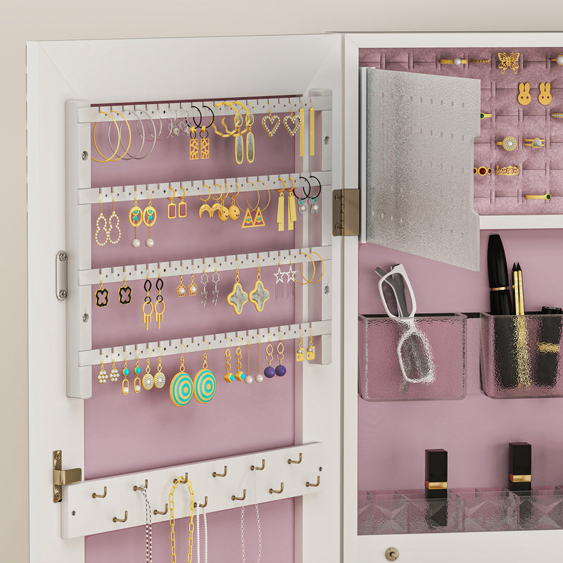 White Lockable Jewellery Cabinet with LED Lights and Pink Lining 108 x 37cm by HOMCOM