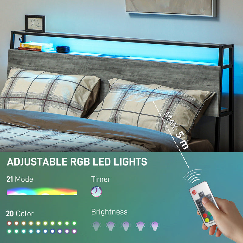 Grey Double Steel Bed Frame with LED Lights and Headboard Shelf by HOMCOM
