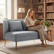 2 Seater Sofa, Light Grey Wing Back Sofa With Thick Cushioned Seat And Gold Metal Legs For Small Living Rooms