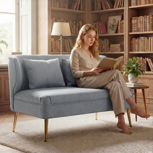 2 Seater Sofa, Light Grey Wing Back Sofa With Thick Cushioned Seat And Gold Metal Legs For Small Living Rooms