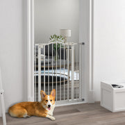 Adjustable Dog Safety Gate with Foldable Metal Frame for Doorways and Stairs White