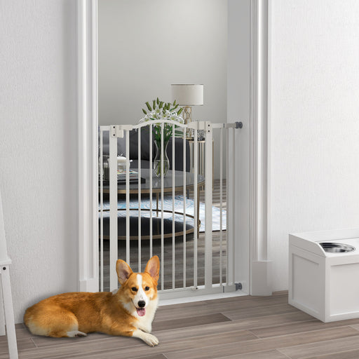 Adjustable Dog Safety Gate with Foldable Metal Frame for Doorways and Stairs White