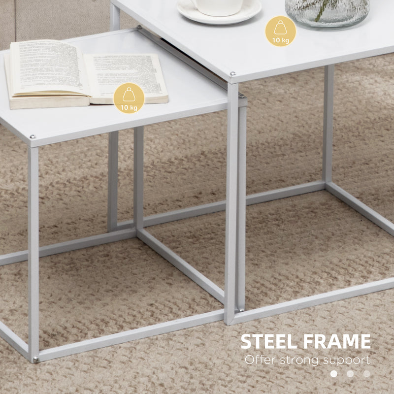 White Modern Nesting Coffee Tables Set of 2 with Steel Frame for Living Room