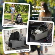 3-in-1 Pet Stroller for Small Dogs or Cats with Foldable Frame and Washable Cushion Grey Black Pawhut