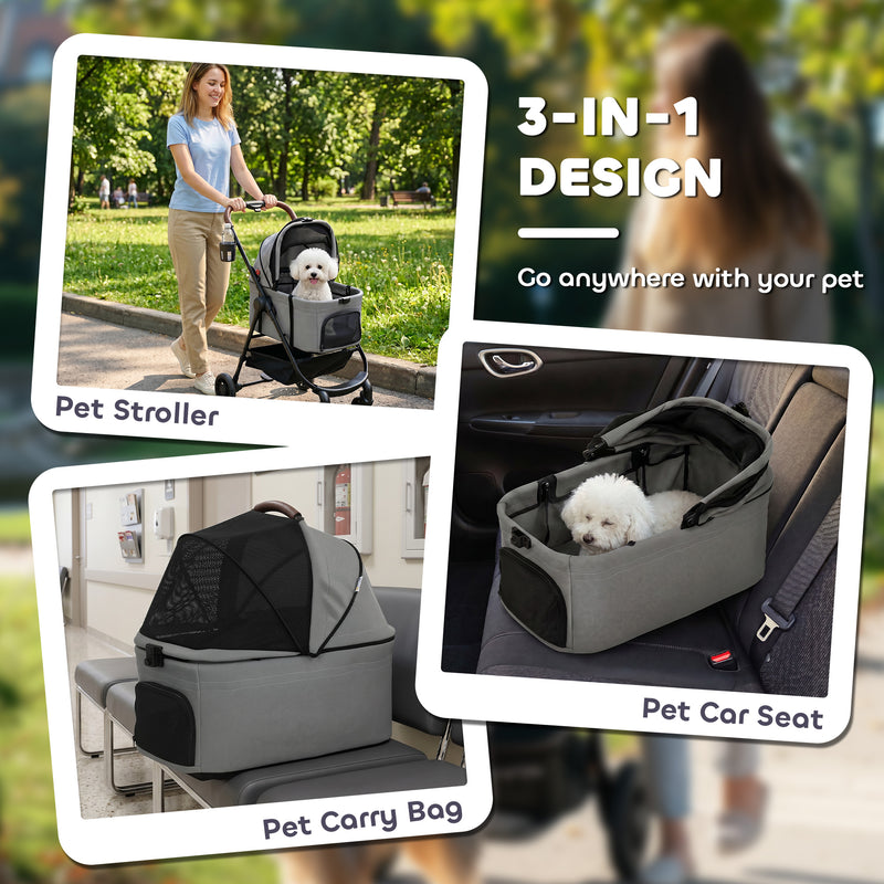 3-in-1 Pet Stroller for Small Dogs or Cats with Foldable Frame and Washable Cushion Grey Black Pawhut
