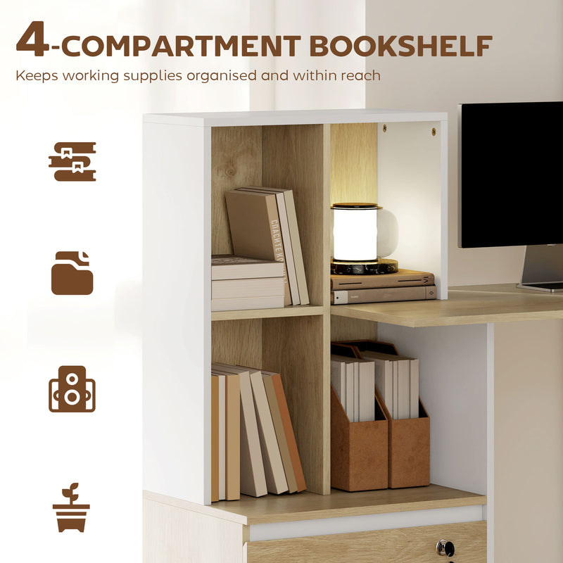 Computer Desk with Lockable Drawer and Shelves for Organised Home Office Oak Wood Effect