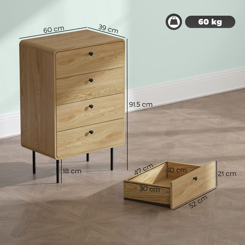 Modern Chest of 4 Drawers for Bedroom Storage with Sleek Design With Curved Edges, Oak Effect