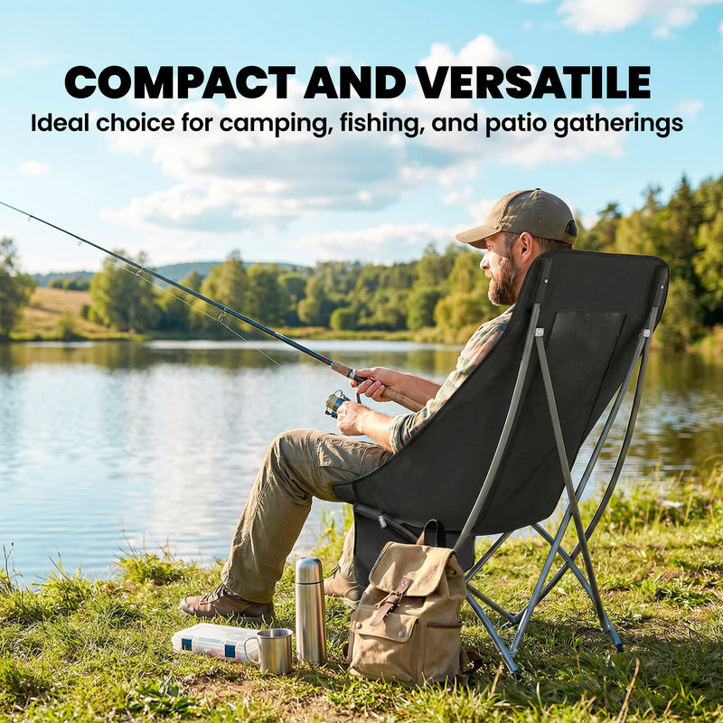 Folding Moon Camping Chair with Supportive Seat and Side Pocket for Outdoor Comfort Black