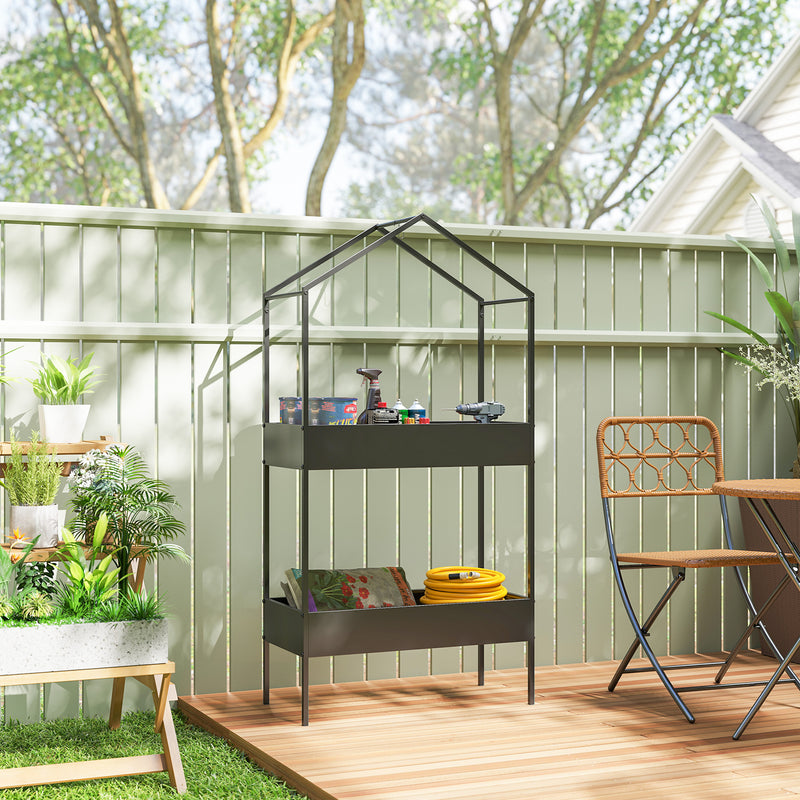 Two Tier House Shaped Plant Stand for Indoor or Outdoor Display with Adjustable Feet Black Outsunny
